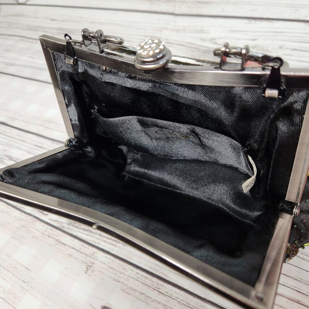 CEM Vintage Black Sequins Silver Handle Purse Mini Bag Floral - Picture 7 of 8